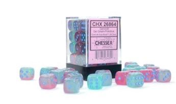 36 12mm Gel Green-Pink/blue Gemini Luminary d6 Dice CHX26864