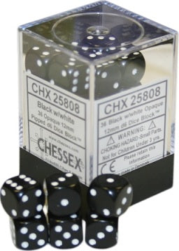 36 Opaque Black/White 12mm D6 Dice Block - CHX25808