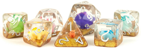 Resin Polyhedral 7 Dice Set - Rainbow Dinosaur Inclusion