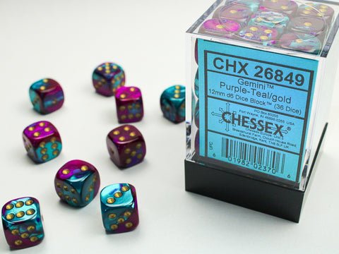 36 12mm Purple Teal w/Gold Gemini D6 Dice - CHX26849