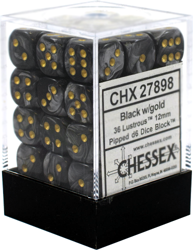 36 Lustrous Black/Gold 12mm D6 Dice Block - CHX 27898