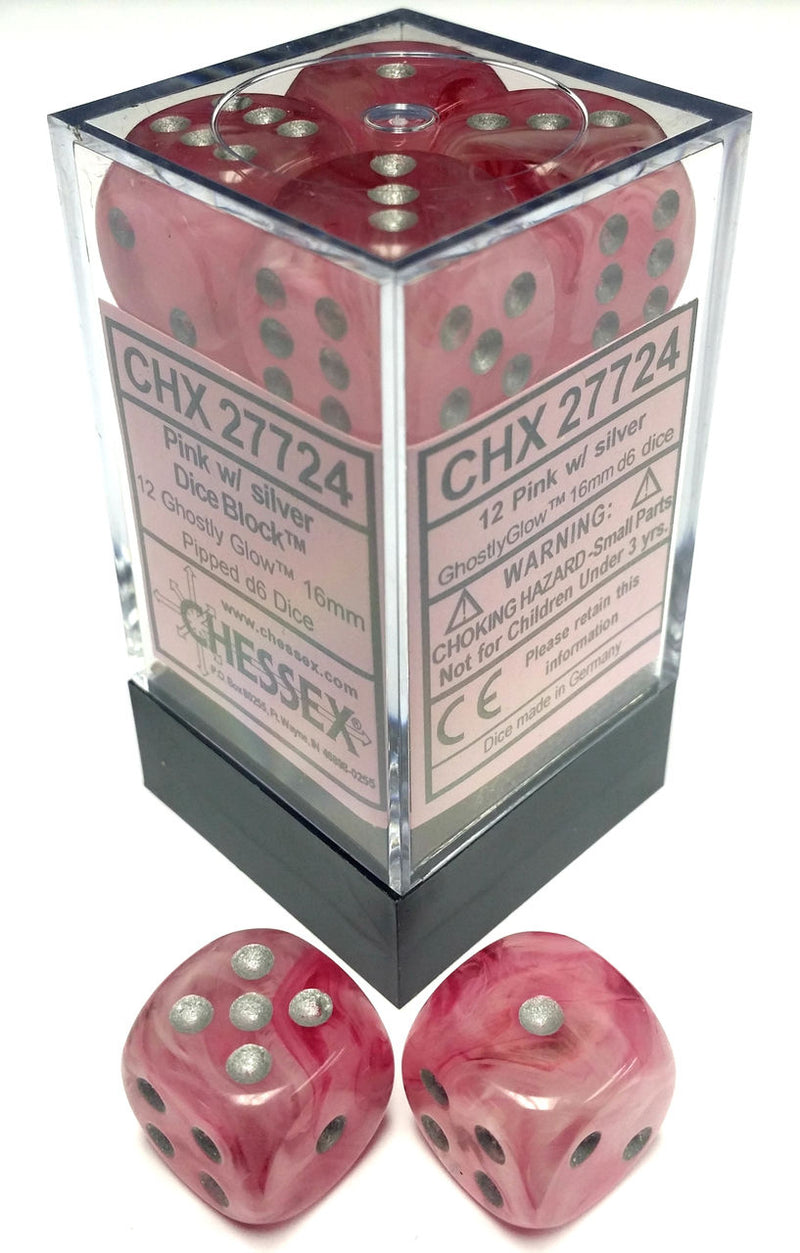 Ghostly Glow Pink and Silver 12ct 16mm D6 Dice Block - CHX 27724
