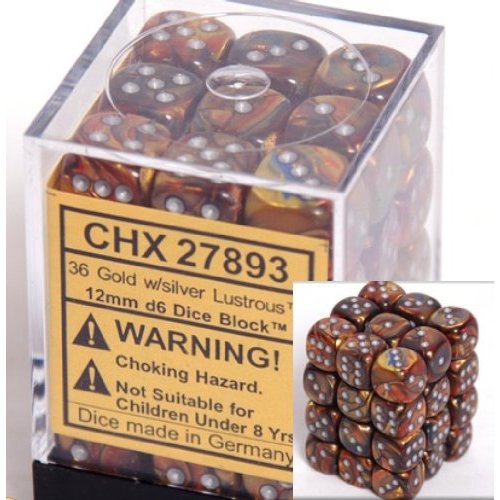 36 Gold w/silver Lustrous 12mm D6 Dice Block - CHX27893