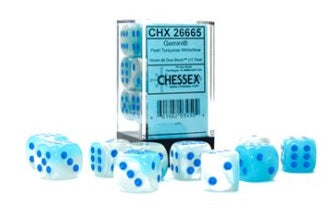 12 16mm Pearl Turquoise-White/blue Luminary Gemini D6 Dice Set - CHX26665