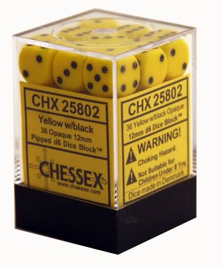 36 Opaque Yellow/black 12mm D6 Dice Block - CHX25802