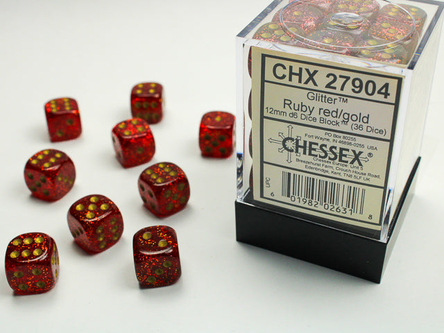 36 12mm Ruby Red w/Gold Glitter D6 Dice - CHX 27904