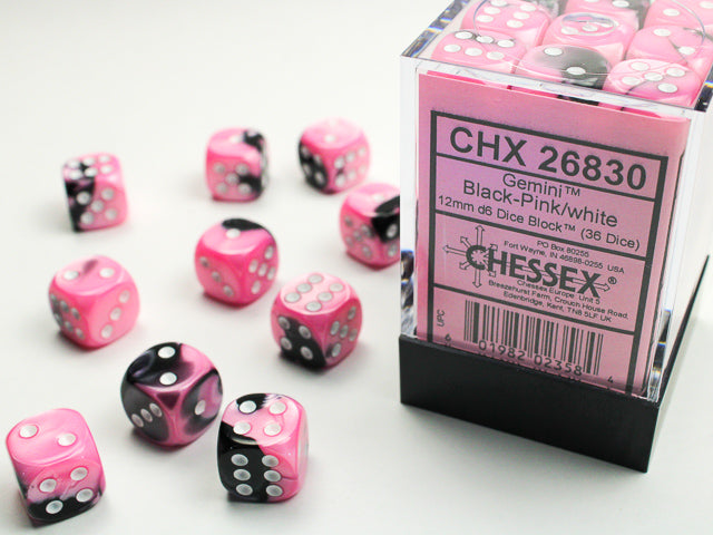 36 12mm Black-Pink w/White Gemini D6 Dice - CHX26830