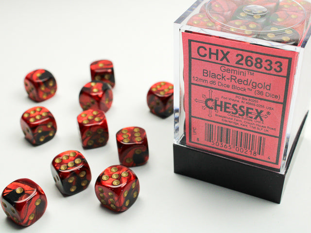 36 12mm Black-Red w/Gold Gemini D6 Dice - CHX26833