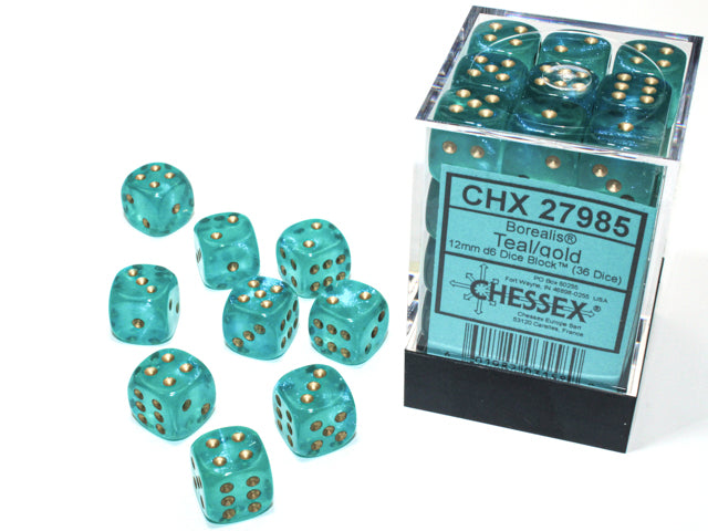 36 12mm Teal w/Gold Borealis Luminary D6 Dice - CHX27985